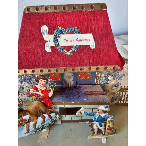 Antique Valentine 3D die cut card dog girl boy Germany cardboard‎ cutout - Picture 5 of 11